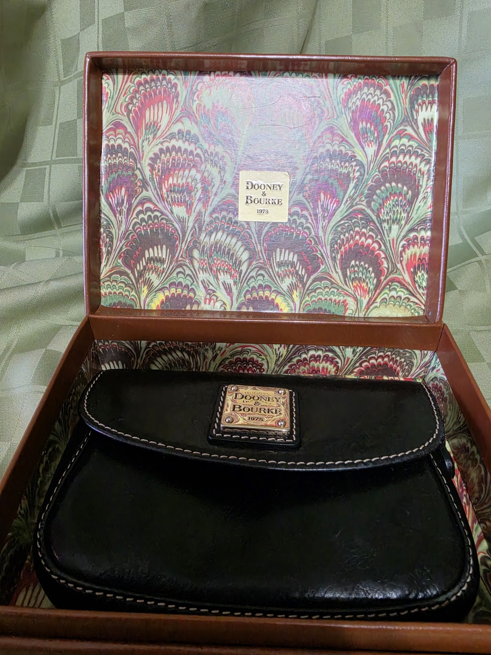 Dooney & Bourke Black Leather Clutch with Logo Patch